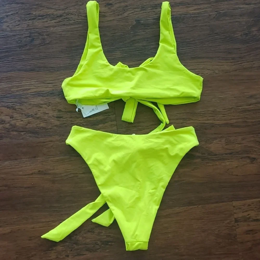 NWT Good American Styled 10-Way Electric Yellow Glam Feminine Girly Bikini Set